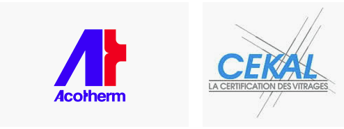 Les logos ACOTHERM et CEKAL certifient la qualité acoustique (phonique) des vitrages.