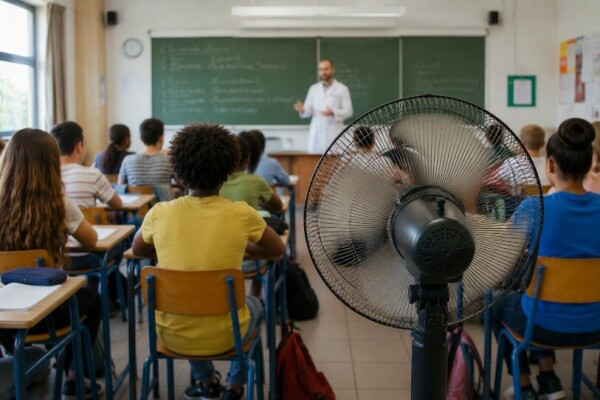 Un ventilateur sur pied permet, sinon de faire baisser la temp&eacute;rature, du moins de mieux supporter la chaleur - doc; N.C.