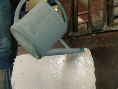 L'application du lait de chaux peut se faire à l'arrosoir pour la partie basse des murs - doc. Agri-Chaux