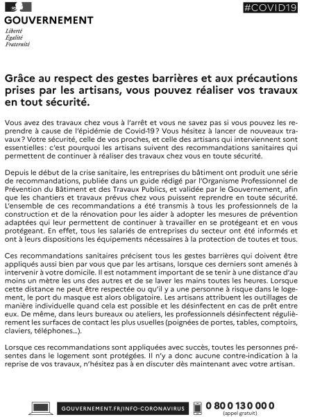 Lettre du Gouvernement aux particuliers pour la relance des travaux de rénovation après le COV 19