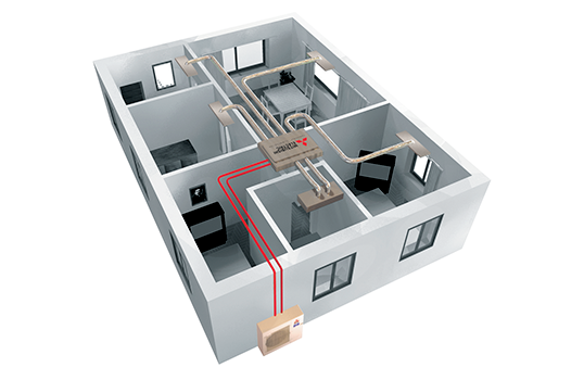 Schéma d'une installation de PAC air-air gainable - doc. Mitsubishi