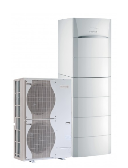 Un ensemble PAC hybride gaz, comprenant une pompe à chaleur air/eau comprenant une unité extérieure, une chaudière gaz au sol à condensation, un ballon eau chaude de 180 litres pour le chauffage et l'ECS – doc. De Dietrich
