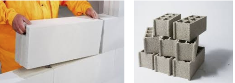 Le parpaing de béton de ciment (à droite) reste beaucoup plus répandu que le bloc de béton cellulaire (à gauche), malgré les avantages certains de ce dernier