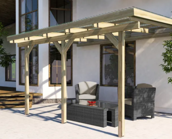 La pergola type est une construction légère en bois adossée à la maison, pour créer un espace convivial ombragé - doc. Leroy Merlin
