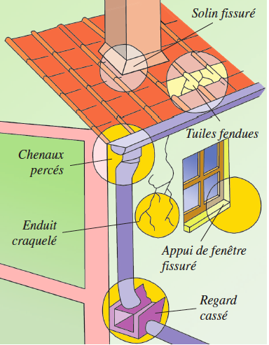 Différents désordres peuvent être à l'origine de l'humidification du bâti - doc. coll. C.P.