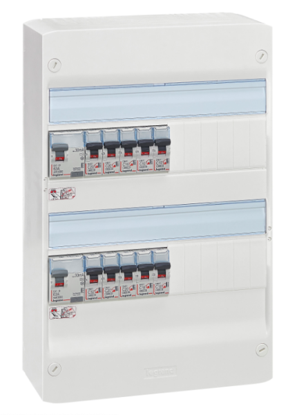 Le tableau de répartition comprend un disjoncteur différentiel 30 mA (par types de circuits où zones du logement) et un disjoncteur par circuit - doc. Legrand